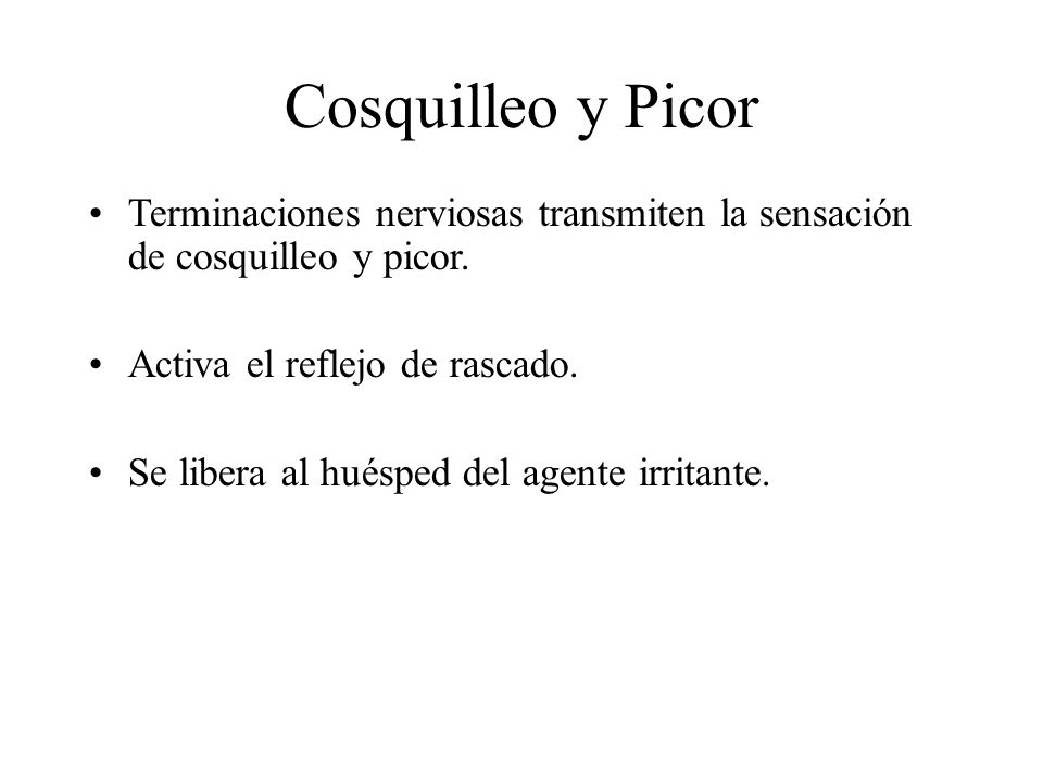 Cosquilleo y Picor Terminaciones nerviosas transmiten la sensación de cosquilleo y picor. Activa el reflejo de rascado.