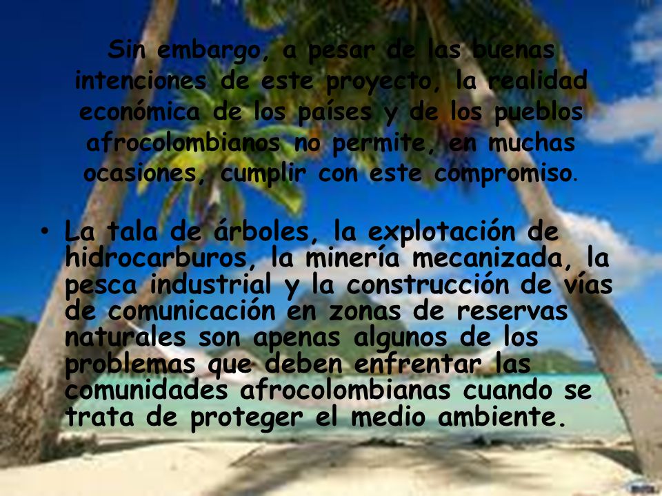 Sin embargo, a pesar de las buenas intenciones de este proyecto, la realidad económica de los países y de los pueblos afrocolombianos no permite, en muchas ocasiones, cumplir con este compromiso.