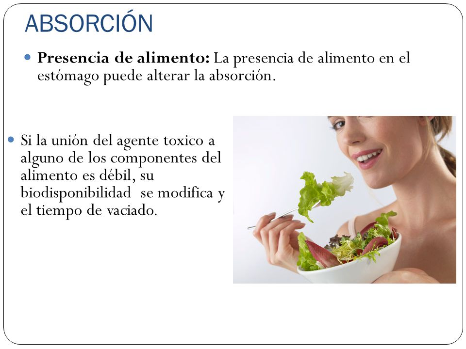 ABSORCIÓN Presencia de alimento: La presencia de alimento en el estómago puede alterar la absorción.