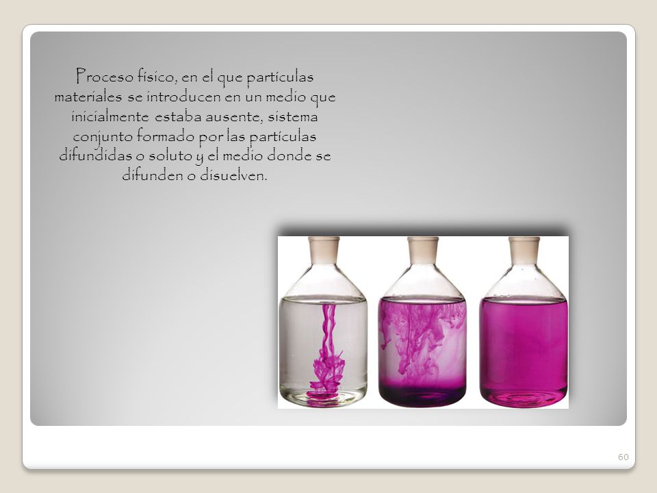 Proceso físico, en el que partículas materiales se introducen en un medio que inicialmente estaba ausente, sistema conjunto formado por las partículas difundidas o soluto y el medio donde se difunden o disuelven.
