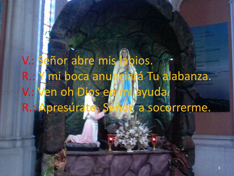 V. : Señor abre mis labios. R. : Y mi boca anunciará Tu alabanza. V