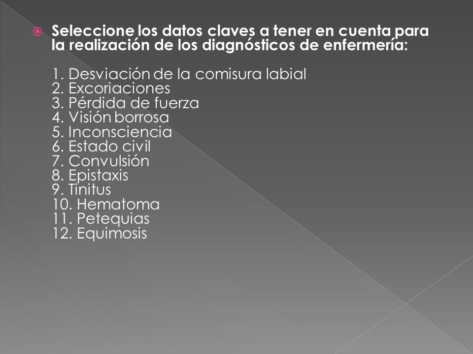 Seleccione los datos claves a tener en cuenta para la realización de los diagnósticos de enfermería: 1.