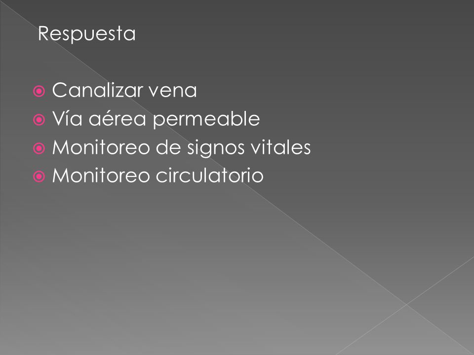 Respuesta Canalizar vena Vía aérea permeable Monitoreo de signos vitales Monitoreo circulatorio