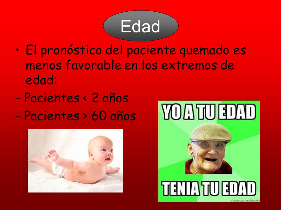Edad El pronóstico del paciente quemado es menos favorable en los extremos de edad: - Pacientes < 2 años.