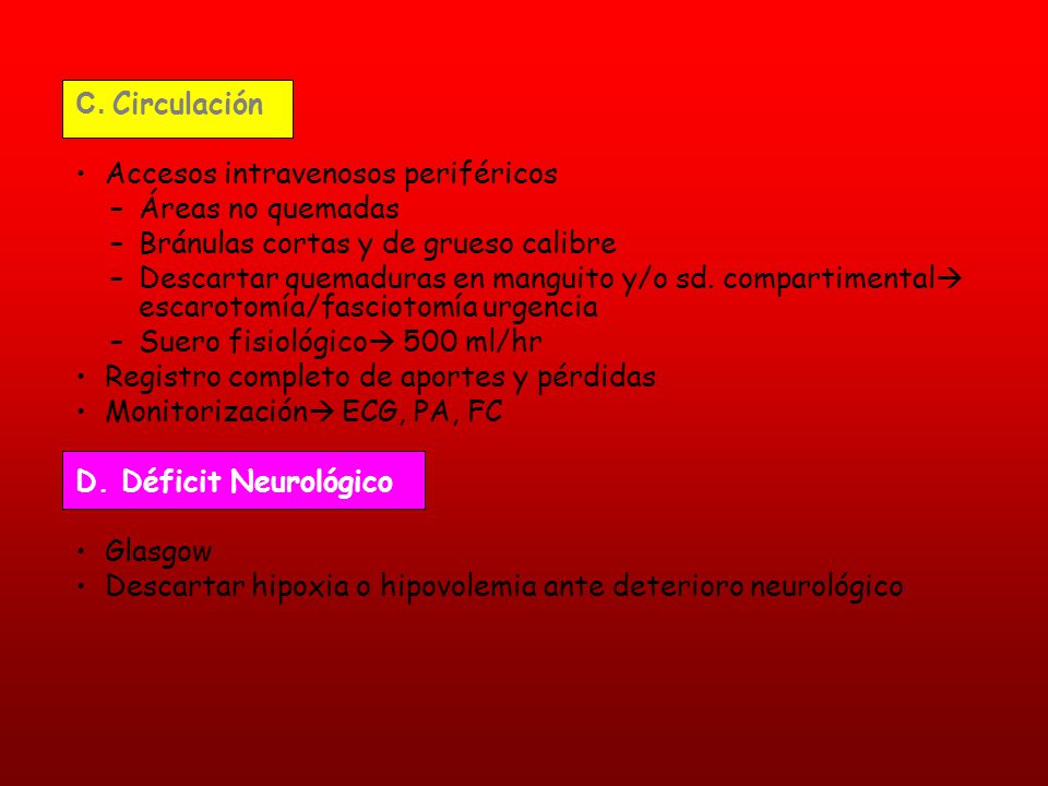 C. Circulación Accesos intravenosos periféricos. Áreas no quemadas. Bránulas cortas y de grueso calibre.