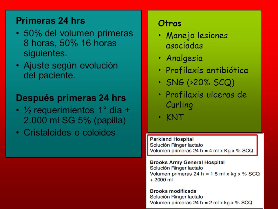 50% del volumen primeras 8 horas, 50% 16 horas siguientes.