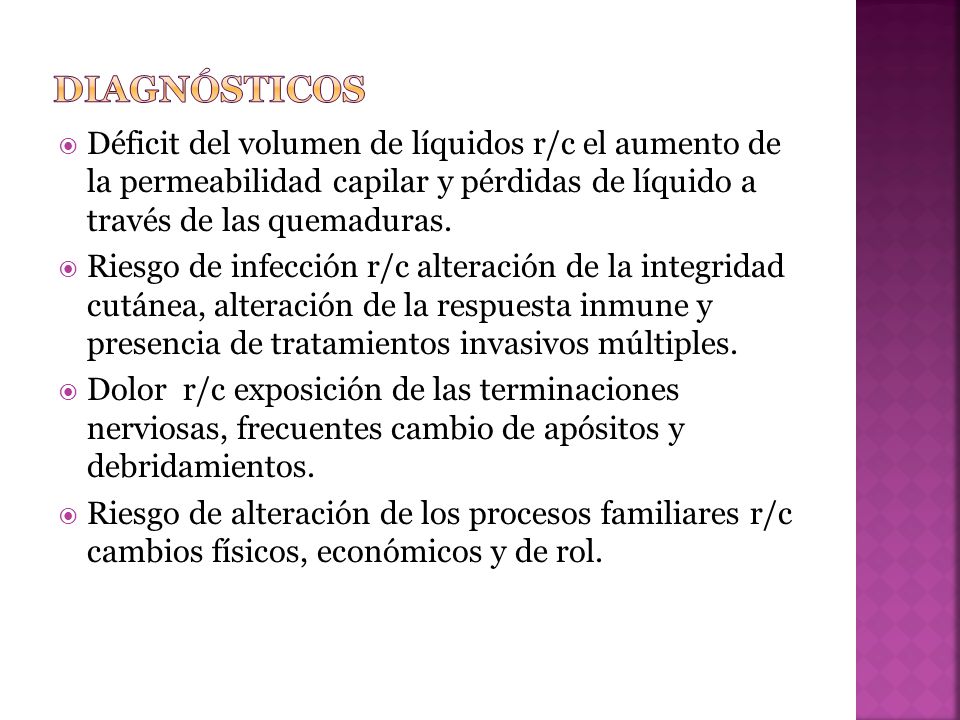 diagnósticos Déficit del volumen de líquidos r/c el aumento de la permeabilidad capilar y pérdidas de líquido a través de las quemaduras.