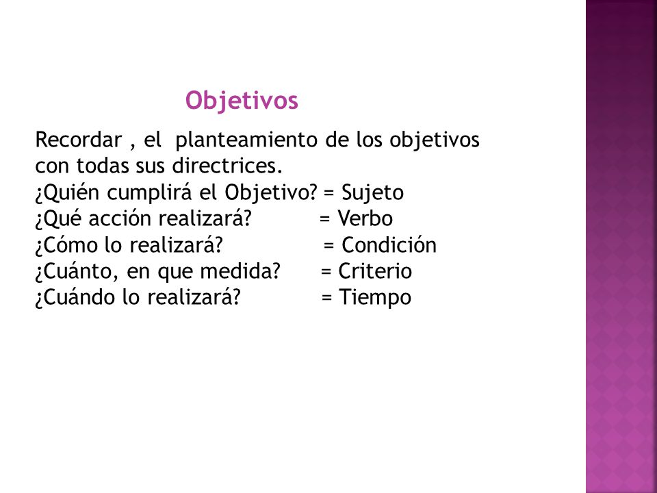 Objetivos Recordar , el planteamiento de los objetivos con todas sus directrices. ¿Quién cumplirá el Objetivo = Sujeto.