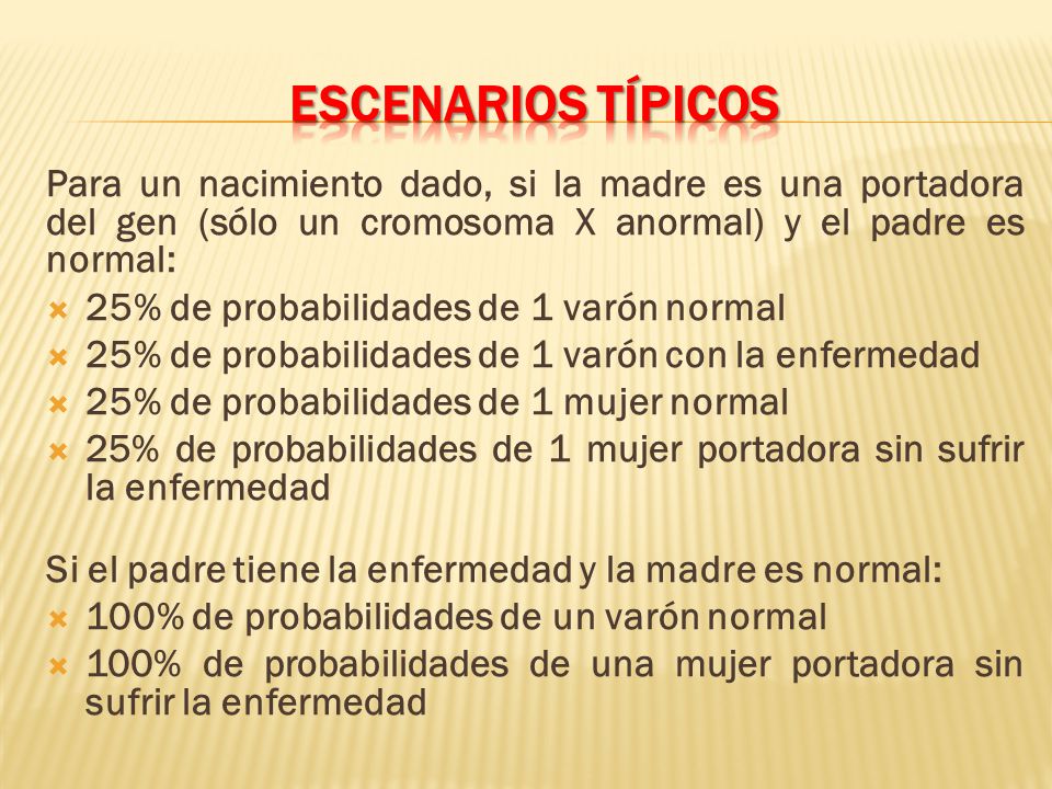 Escenarios típicos Para un nacimiento dado, si la madre es una portadora del gen (sólo un cromosoma X anormal) y el padre es normal: