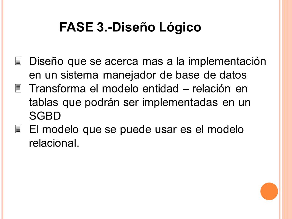 FASE 3.-Diseño Lógico Diseño que se acerca mas a la implementación en un sistema manejador de base de datos.