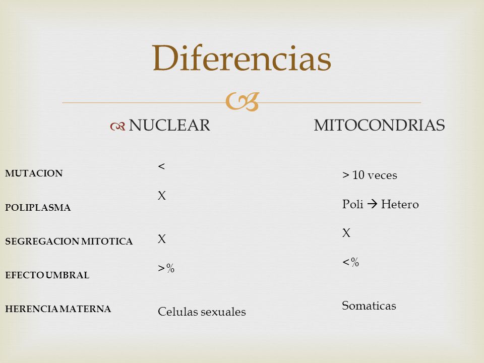 Diferencias NUCLEAR MITOCONDRIAS < > 10 veces X Poli  Hetero X