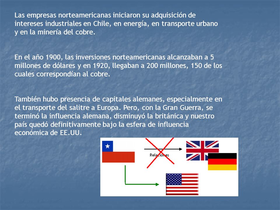 Las empresas norteamericanas iniciaron su adquisición de intereses industriales en Chile, en energía, en transporte urbano y en la minería del cobre.