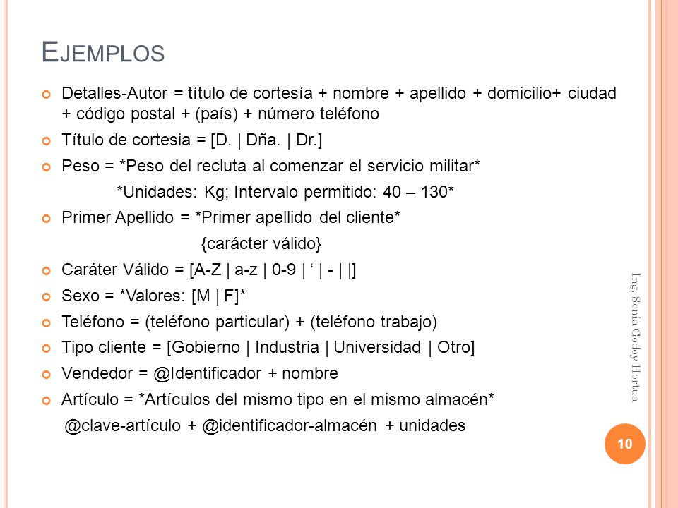 Ejemplos Detalles-Autor = título de cortesía + nombre + apellido + domicilio+ ciudad + código postal + (país) + número teléfono.