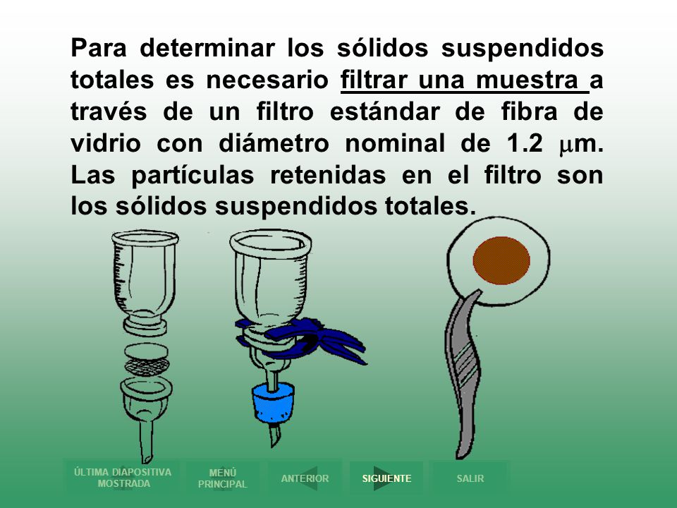 Para determinar los sólidos suspendidos totales es necesario filtrar una muestra a través de un filtro estándar de fibra de vidrio con diámetro nominal de 1.2 mm.