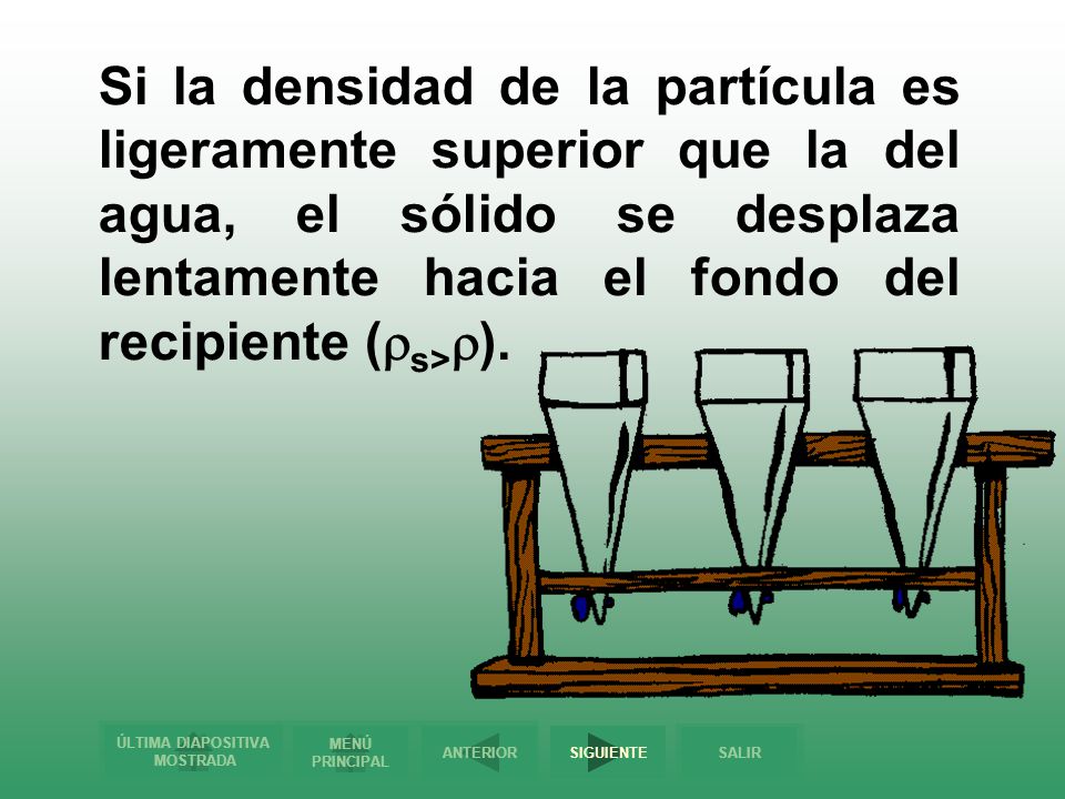 Si la densidad de la partícula es ligeramente superior que la del agua, el sólido se desplaza lentamente hacia el fondo del recipiente (s>).