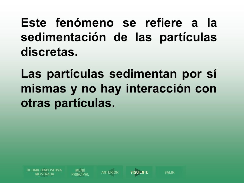 Este fenómeno se refiere a la sedimentación de las partículas discretas.