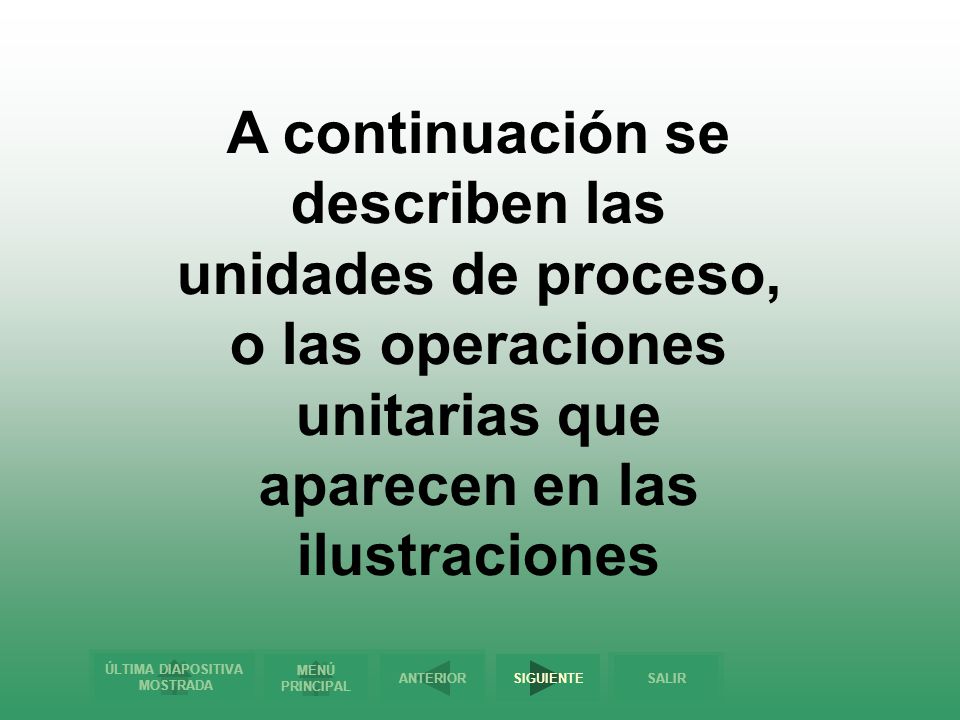 A continuación se describen las unidades de proceso, o las operaciones unitarias que aparecen en las ilustraciones