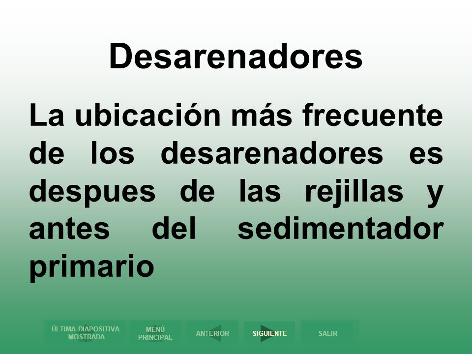 Desarenadores La ubicación más frecuente de los desarenadores es despues de las rejillas y antes del sedimentador primario.