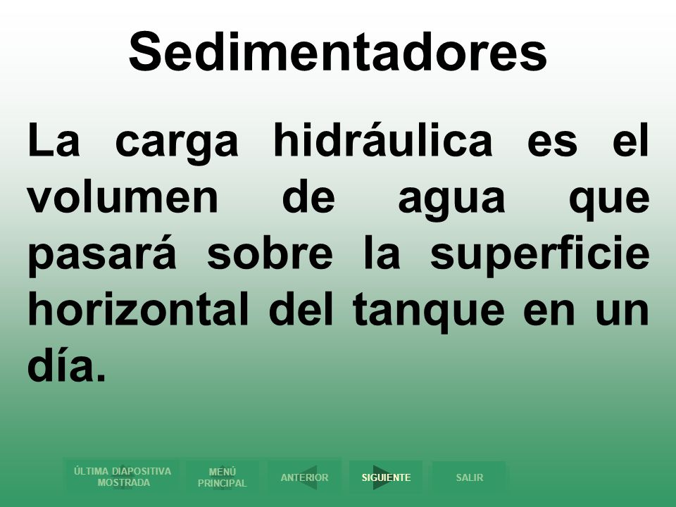 Sedimentadores La carga hidráulica es el volumen de agua que pasará sobre la superficie horizontal del tanque en un día.
