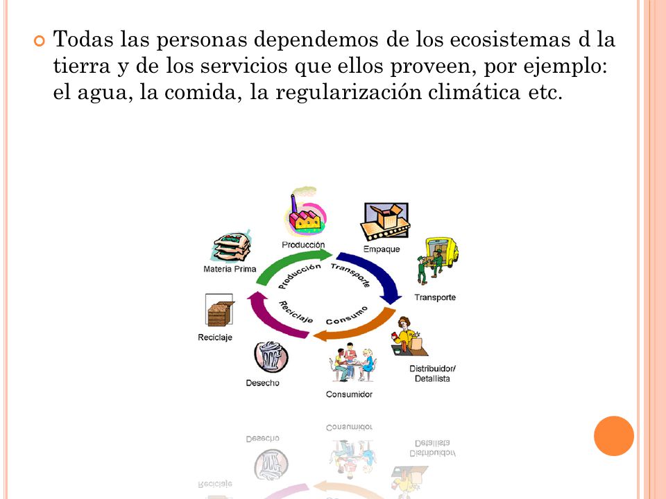 Todas las personas dependemos de los ecosistemas d la tierra y de los servicios que ellos proveen, por ejemplo: el agua, la comida, la regularización climática etc.