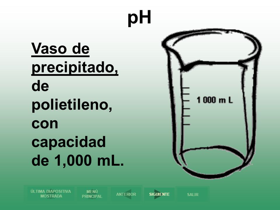 pH Vaso de precipitado, de polietileno, con capacidad de 1,000 mL.