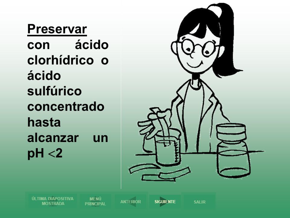 Preservar con ácido clorhídrico o ácido sulfúrico concentrado hasta alcanzar un pH 2