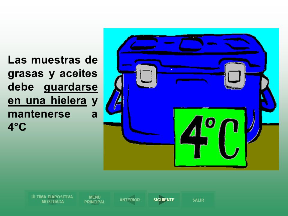 Las muestras de grasas y aceites debe guardarse en una hielera y mantenerse a 4°C