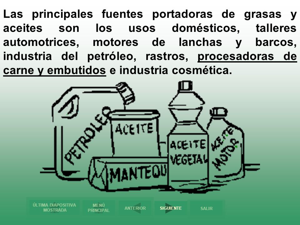 Las principales fuentes portadoras de grasas y aceites son los usos domésticos, talleres automotrices, motores de lanchas y barcos, industria del petróleo, rastros, procesadoras de carne y embutidos e industria cosmética.