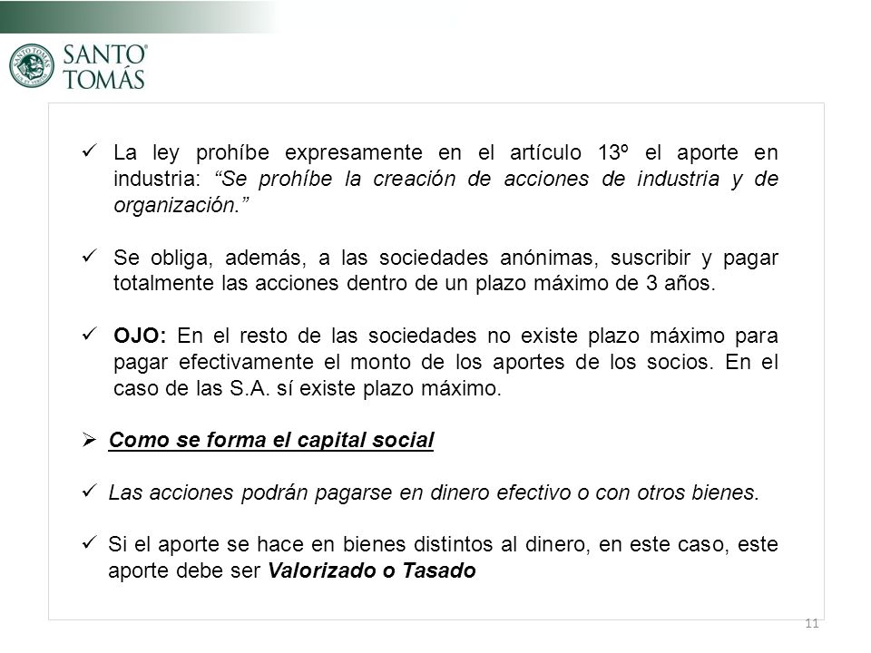 La ley prohíbe expresamente en el artículo 13º el aporte en industria: Se prohíbe la creación de acciones de industria y de organización.