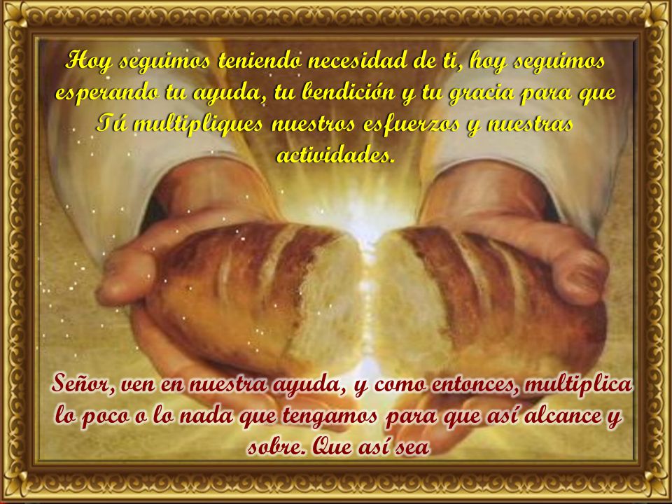 Hoy seguimos teniendo necesidad de ti, hoy seguimos esperando tu ayuda, tu bendición y tu gracia para que Tú multipliques nuestros esfuerzos y nuestras actividades.