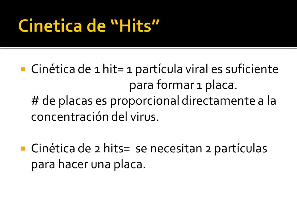 Cinetica de Hits Cinética de 1 hit= 1 partícula viral es suficiente para formar 1 placa.