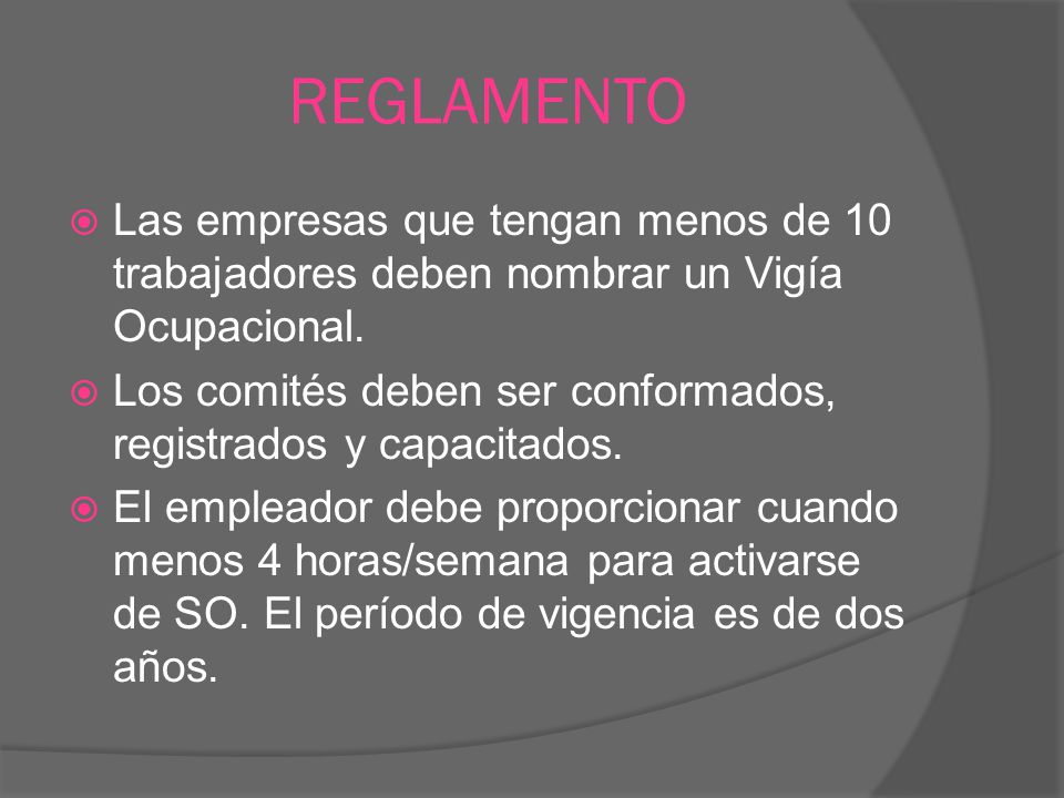 REGLAMENTO Las empresas que tengan menos de 10 trabajadores deben nombrar un Vigía Ocupacional.