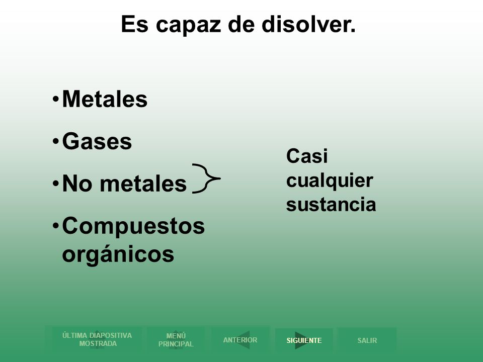 Es capaz de disolver. Metales Gases No metales Compuestos orgánicos