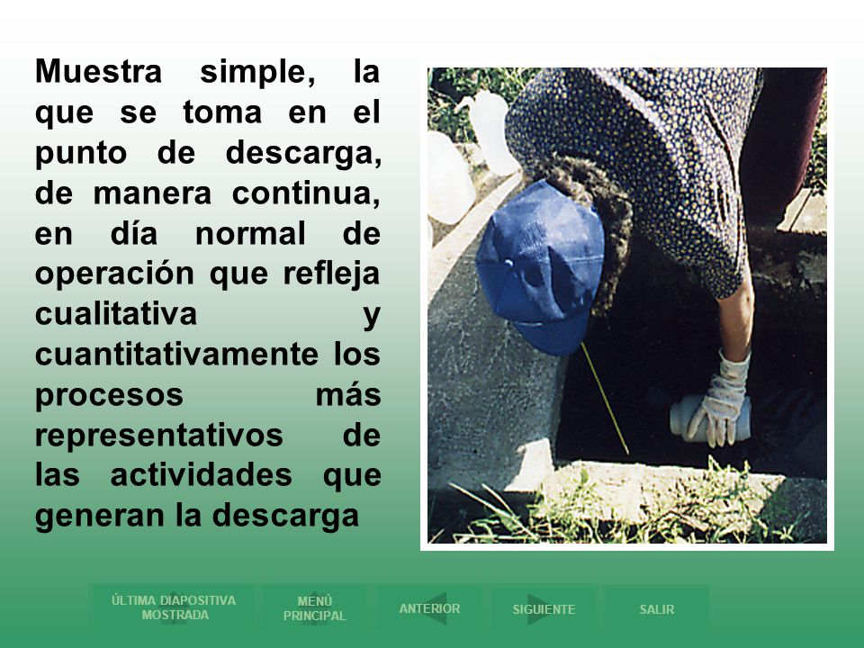 Muestra simple, la que se toma en el punto de descarga, de manera continua, en día normal de operación que refleja cualitativa y cuantitativamente los procesos más representativos de las actividades que generan la descarga