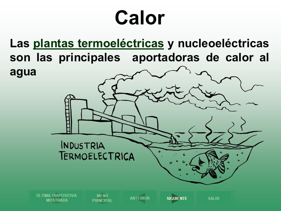 Calor Las plantas termoeléctricas y nucleoeléctricas son las principales aportadoras de calor al agua.