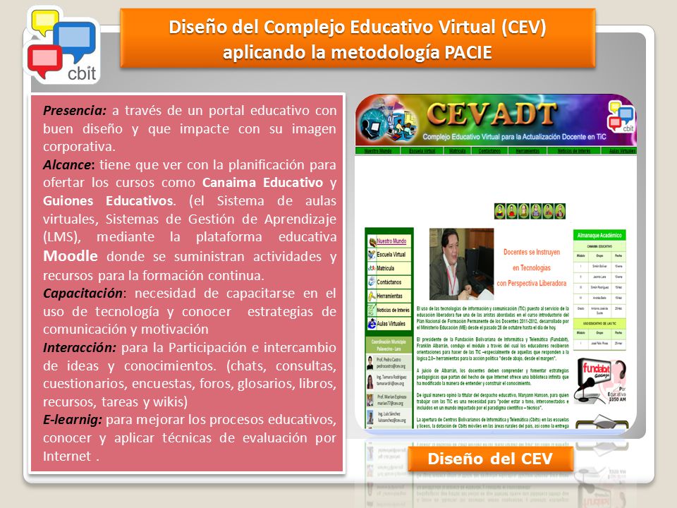Diseño del Complejo Educativo Virtual (CEV) aplicando la metodología PACIE