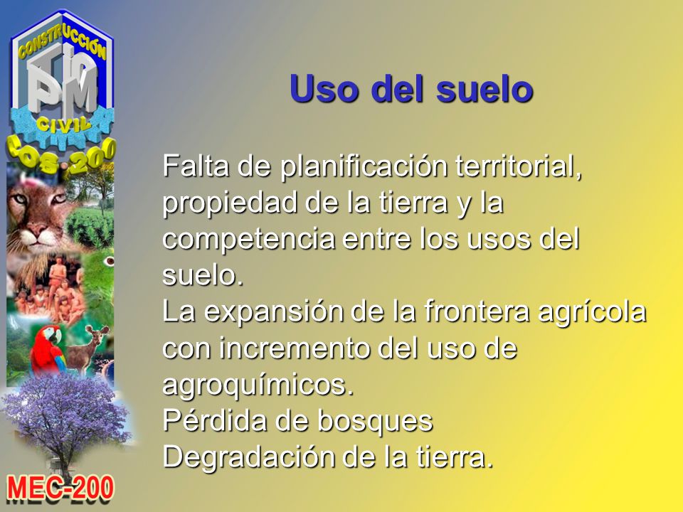 Uso del suelo Falta de planificación territorial, propiedad de la tierra y la competencia entre los usos del suelo.