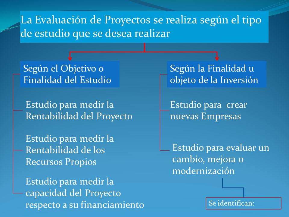 La Evaluación de Proyectos se realiza según el tipo de estudio que se desea realizar