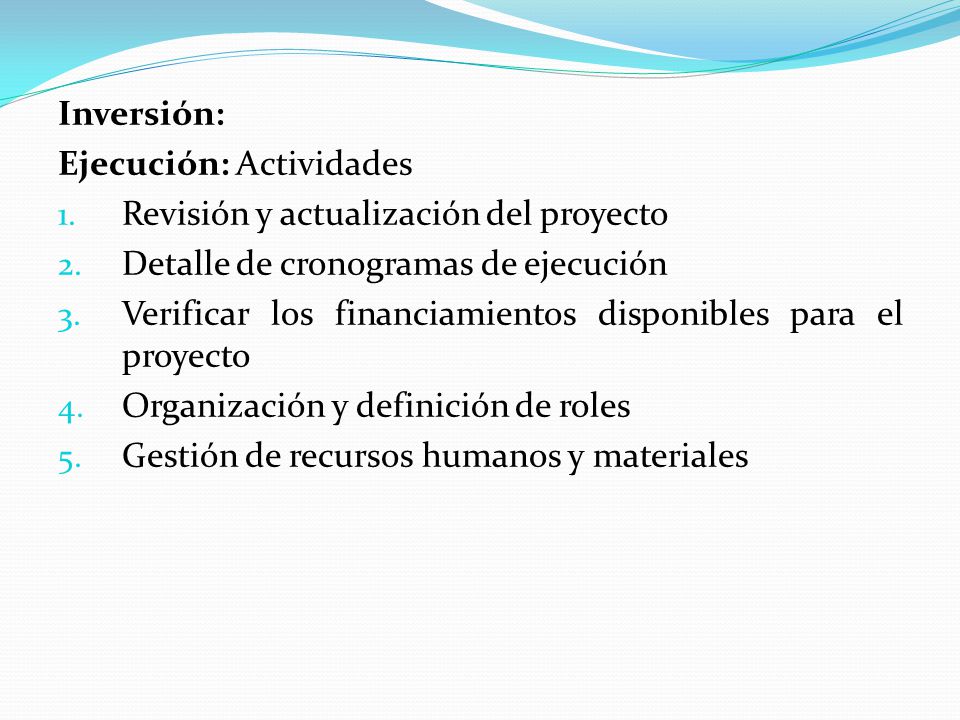 Inversión: Ejecución: Actividades. Revisión y actualización del proyecto. Detalle de cronogramas de ejecución.