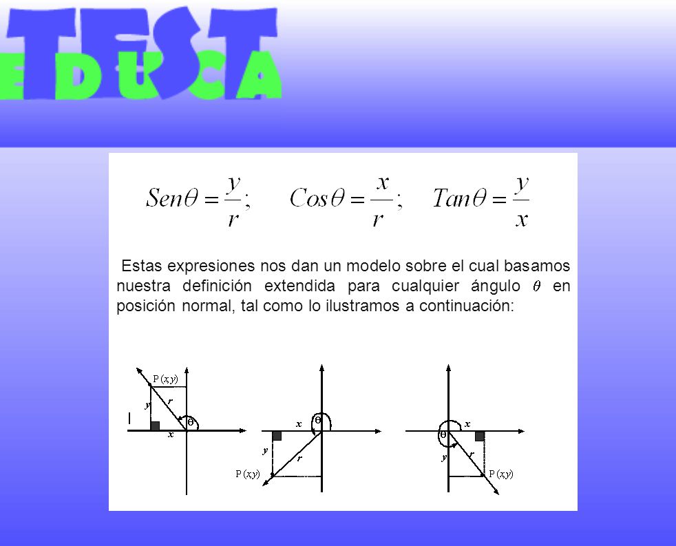 Estas expresiones nos dan un modelo sobre el cual basamos nuestra definición extendida para cualquier ángulo  en posición normal, tal como lo ilustramos a continuación: