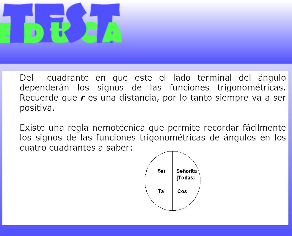 Del cuadrante en que este el lado terminal del ángulo dependerán los signos de las funciones trigonométricas. Recuerde que r es una distancia, por lo tanto siempre va a ser positiva.