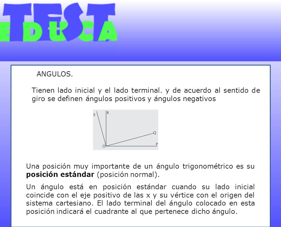 ANGULOS. Tienen lado inicial y el lado terminal. y de acuerdo al sentido de giro se definen ángulos positivos y ángulos negativos.