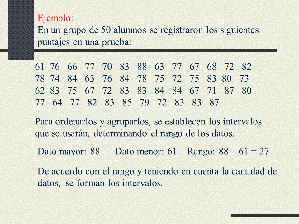 Ejemplo: En un grupo de 50 alumnos se registraron los siguientes puntajes en una prueba: