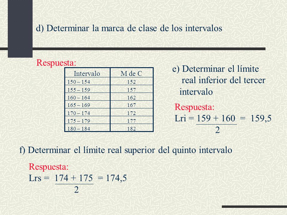 d) Determinar la marca de clase de los intervalos
