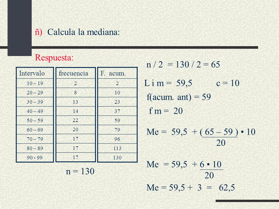 ñ) Calcula la mediana: Respuesta: n / 2 = 130 / 2 = 65 n = 130