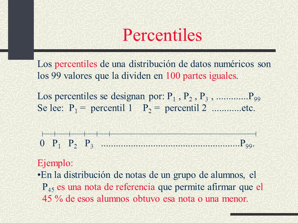 Percentiles Los percentiles de una distribución de datos numéricos son