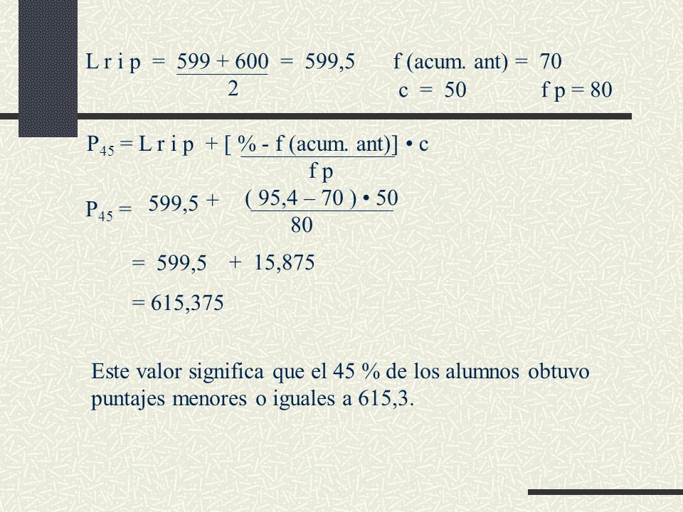 L r i p = = 599,5 2. f (acum. ant) = 70. c = 50. f p = 80. P45 = L r i p + [ % - f (acum. ant)] • c.