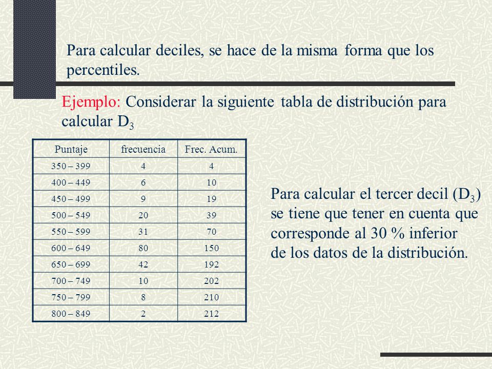 Para calcular deciles, se hace de la misma forma que los percentiles.