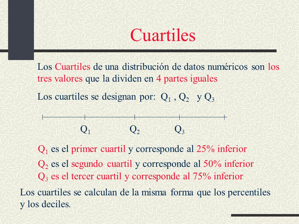 Cuartiles Los Cuartiles de una distribución de datos numéricos son los