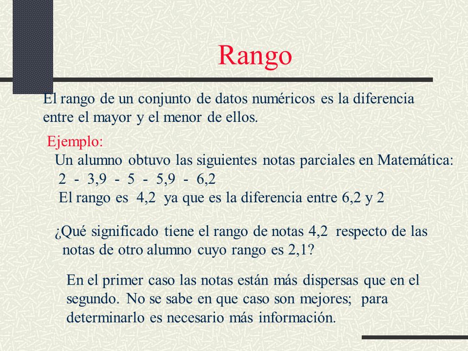 Rango El rango de un conjunto de datos numéricos es la diferencia
